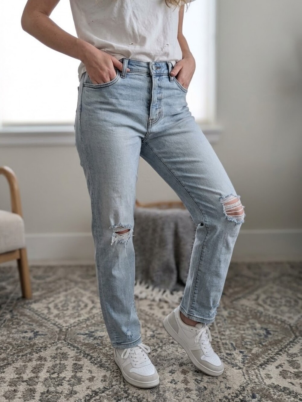 DAZE Denim Far Out High Rise Straight Leg Jeans Distressed Light Wash 30